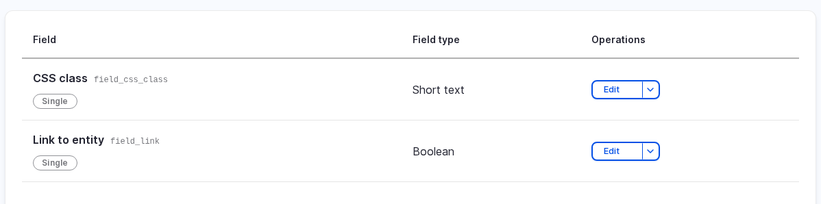 The Manage Fields tab on a Custom Formatters formatter, listing two attached fields: CSS class (Short text) and Link to entity (Boolean)